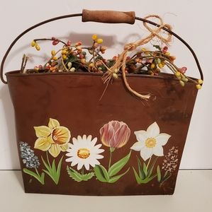 Vintage Tin Flower Bucket w Handle Brown